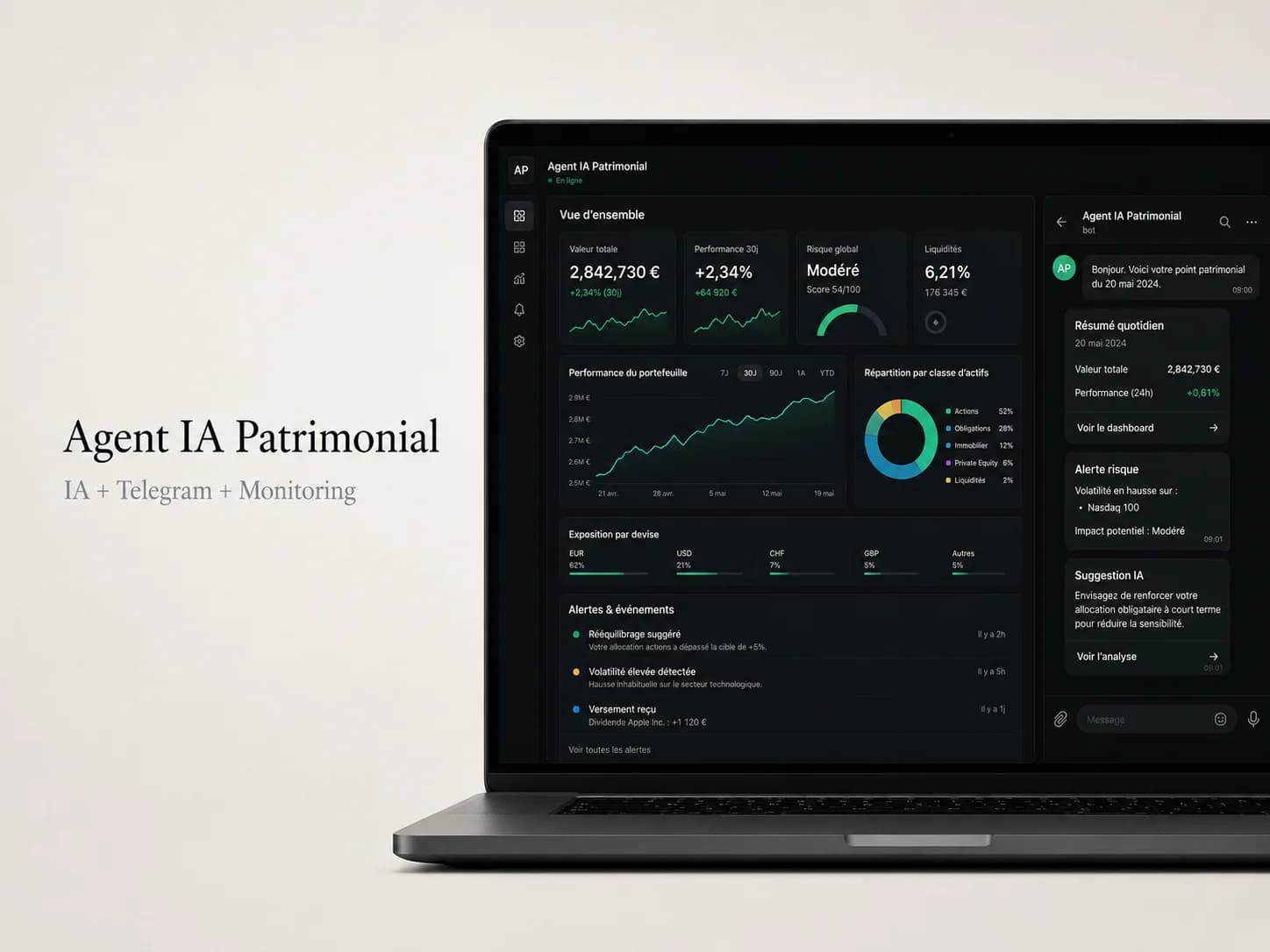 Agent IA patrimonial Telegram — interface de monitoring et rapports automatisés