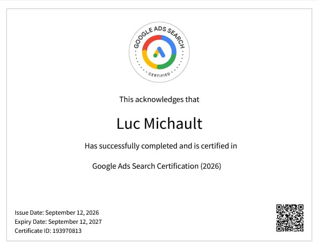 Certificat Google Ads Search Certification 2026 délivré à Luc Michault