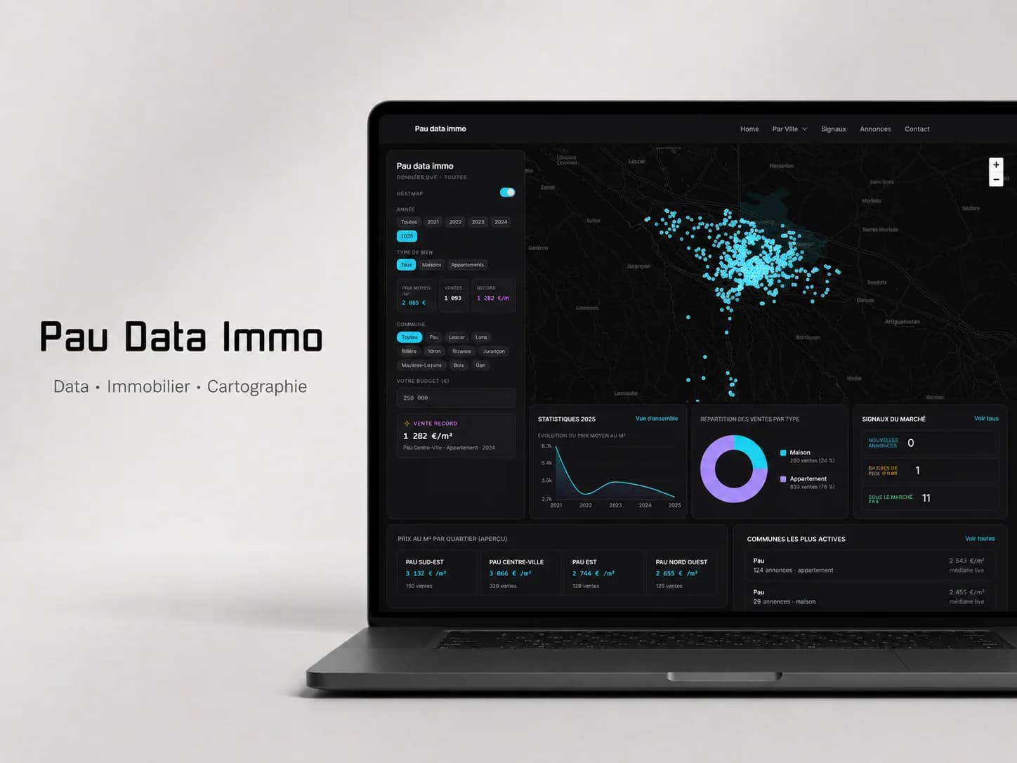 Mockup de Pau Data Immo, observatoire immobilier et cartographie des ventes dans l’agglomération paloise
