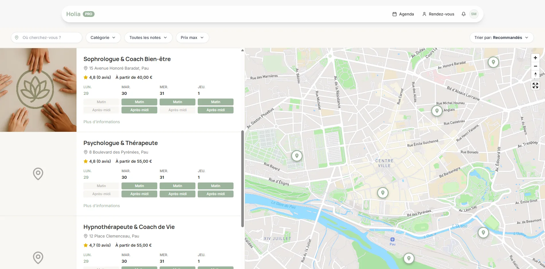 Interface de recherche Holia.me avec carte géolocalisée