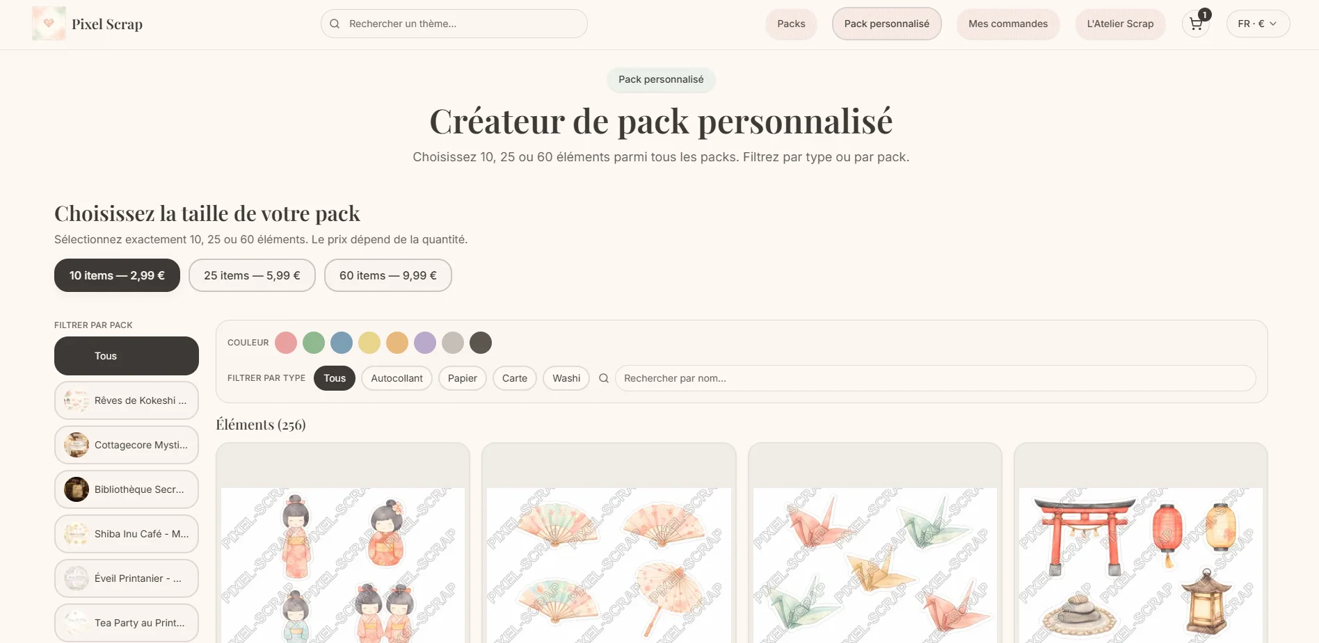 Interface utilisateur du Custom Pack Builder permettant de sélectionner des éléments créatifs par glisser-déposer.