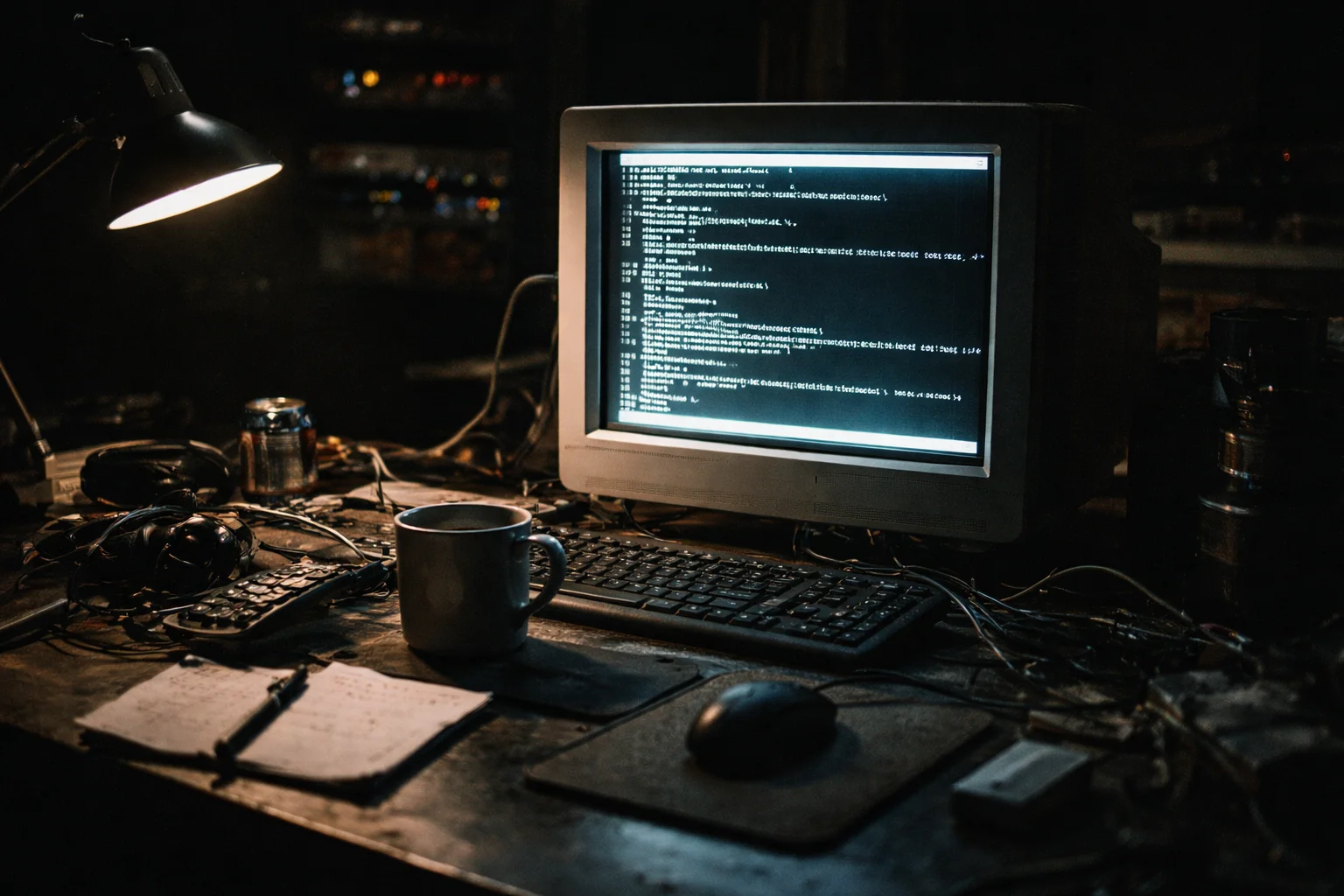 Bureau sombre avec un écran d'ordinateur affichant du code, ambiance nocturne et studieuse représentant les débuts dans le développement web.