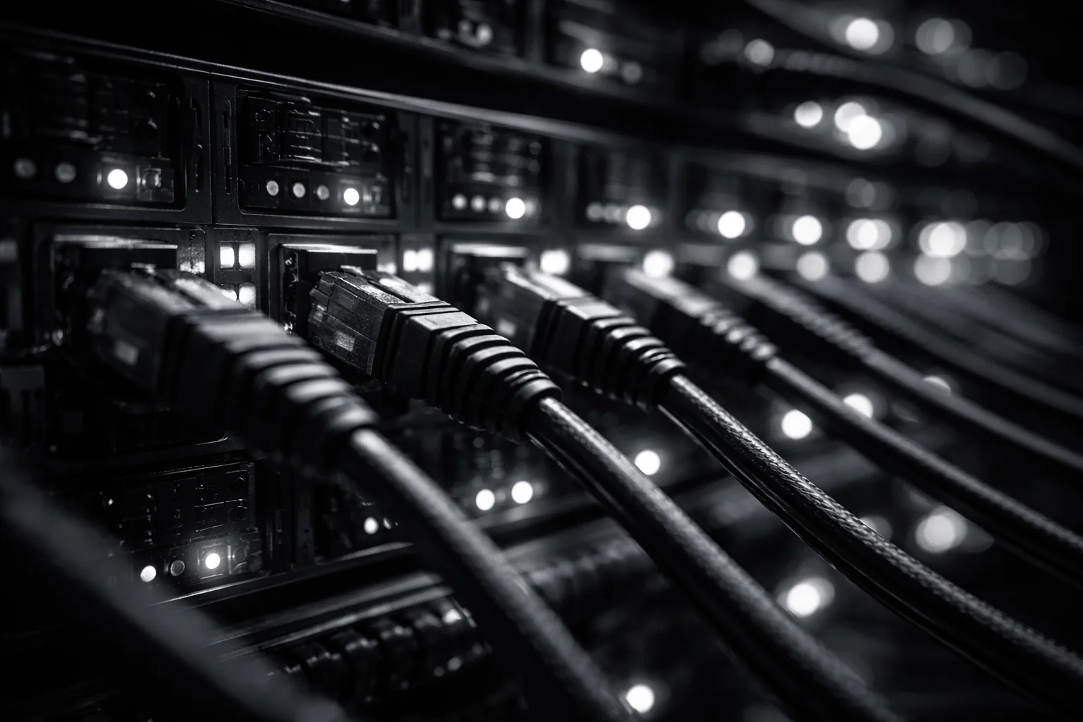 Vue abstraite de serveurs informatiques et de câbles structurés, symbolisant la montée en compétence technique et l'architecture backend.