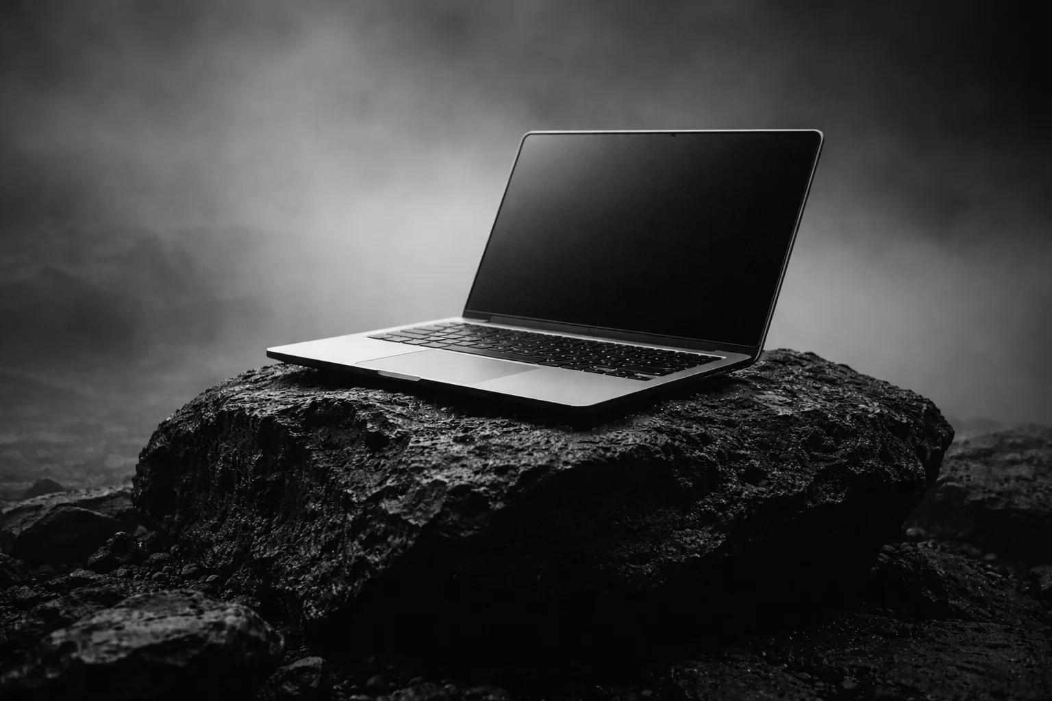 Un ordinateur portable posé sur un rocher brut en pleine nature, illustrant le choix de l'indépendance et le retour à l'essentiel.