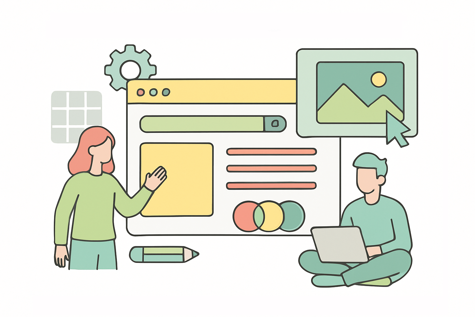 Illustration d’un designer face à des interfaces web, symbolisant l’équilibre entre esthétique et performance