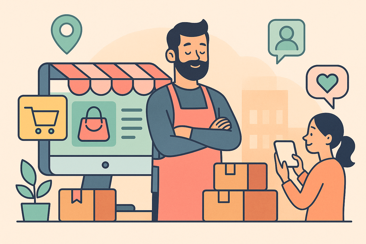 Illustration représentant un commerçant de Pau vendant en ligne via un site e-commerce