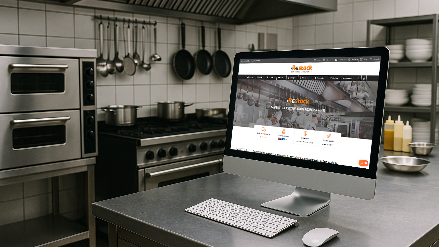 Mockup du site Restock, matériel de restauration pro en ligne, refait par Websual